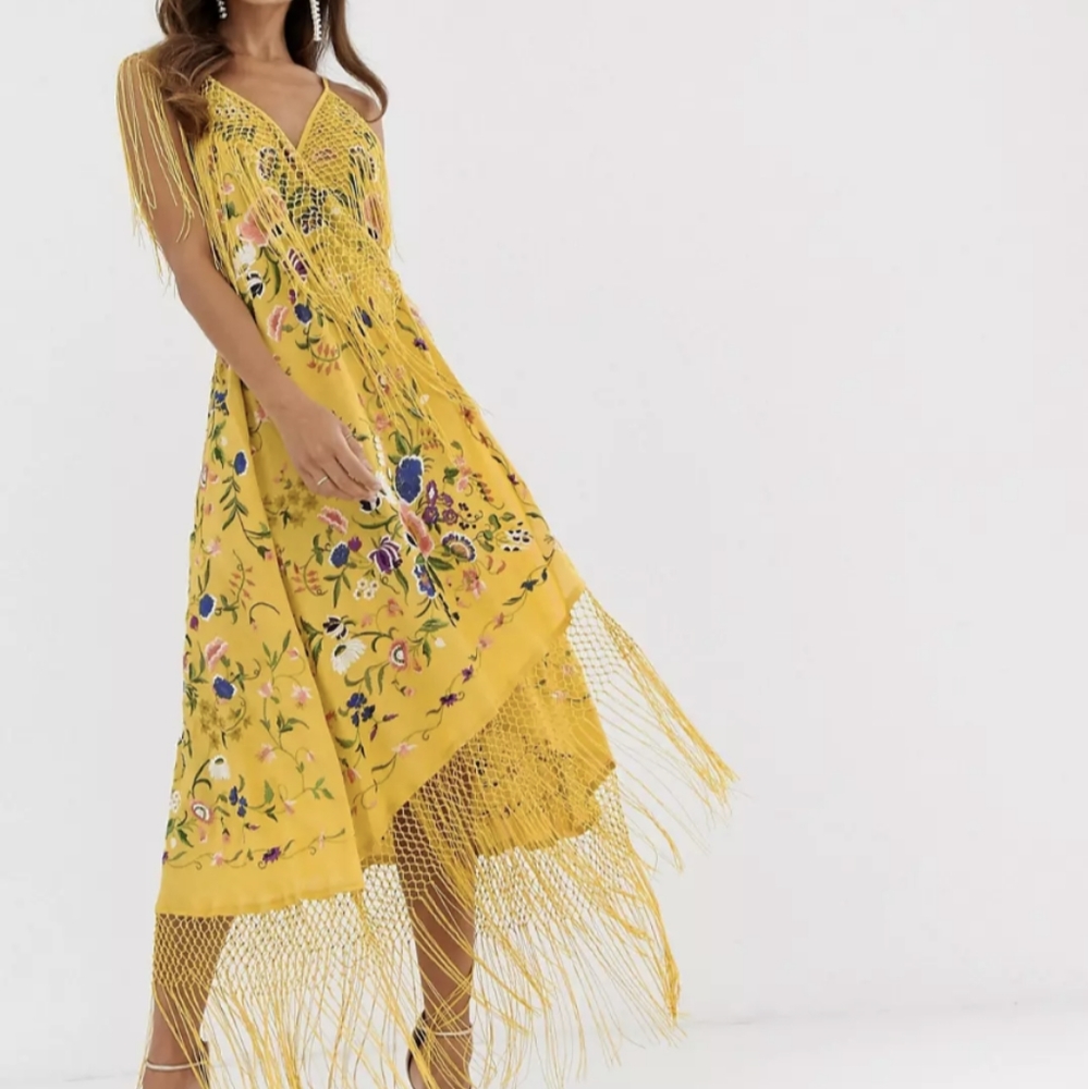 ASOS EDITION 🌼 strappy wrap embroidered fringe dress